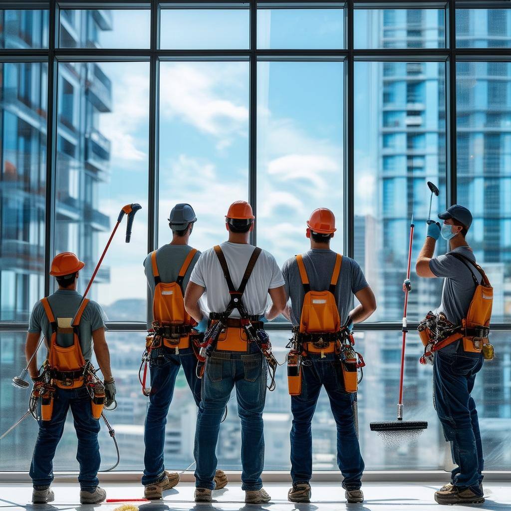 group of window cleaners in front of a clean window