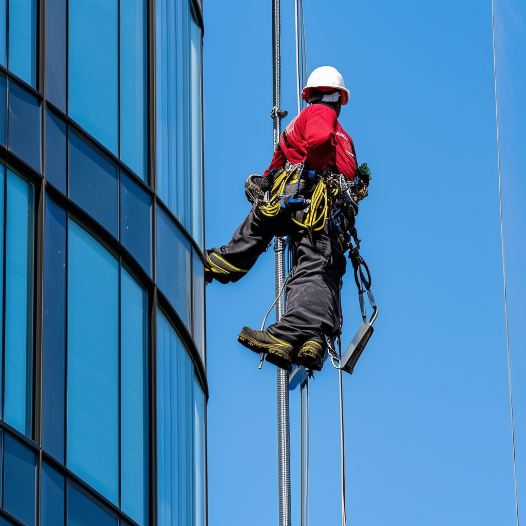 A team of professional window cleaners suspended o